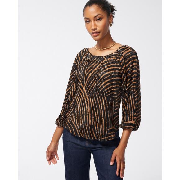 Chicos Womens Zebra Print Metallic Crinkle Top Sz 1 (M) Minimalist Neutral Flowy - Picture 1 of 16